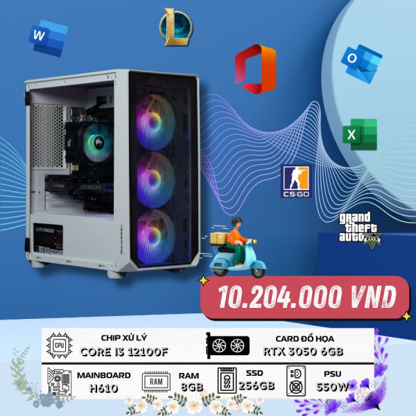 BỘ MÁY TÍNH GAMING I3 12100F | 8GB RAM | 256GB SSD | RTX 3050 6GB