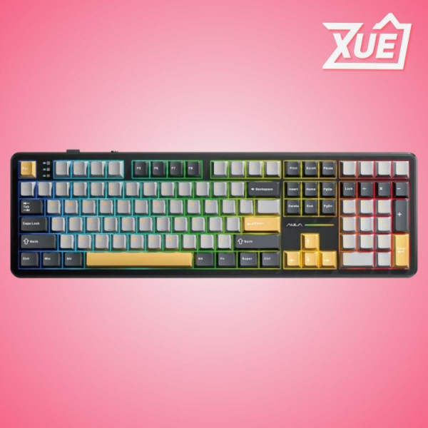 BÀN PHÍM CƠ GAMING AULA F108 (3 MODE,  ĐEN + XÁM + VÀNG,  VOLCANO SWITCH)